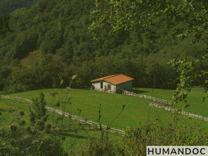 a house in a field with a fence around it