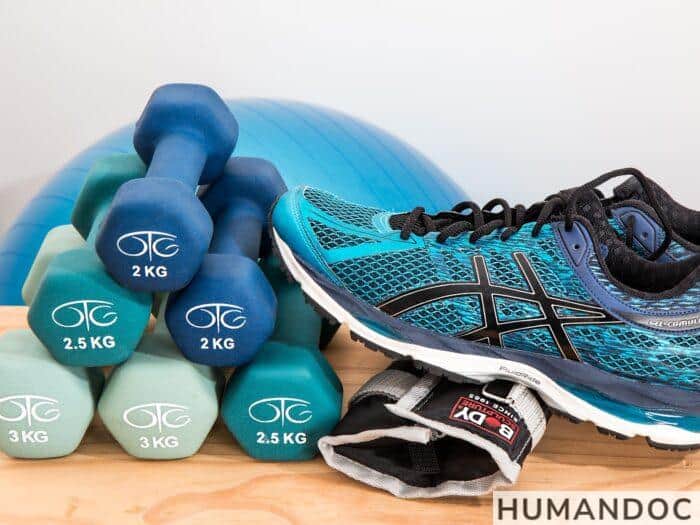 dumbbells, shoes, sneakers