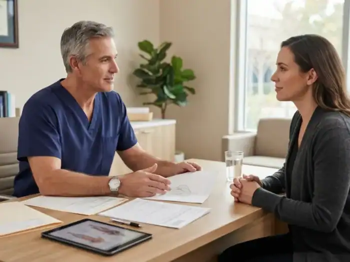 Paciente hablando con un cirujano durante una consulta preoperatoria