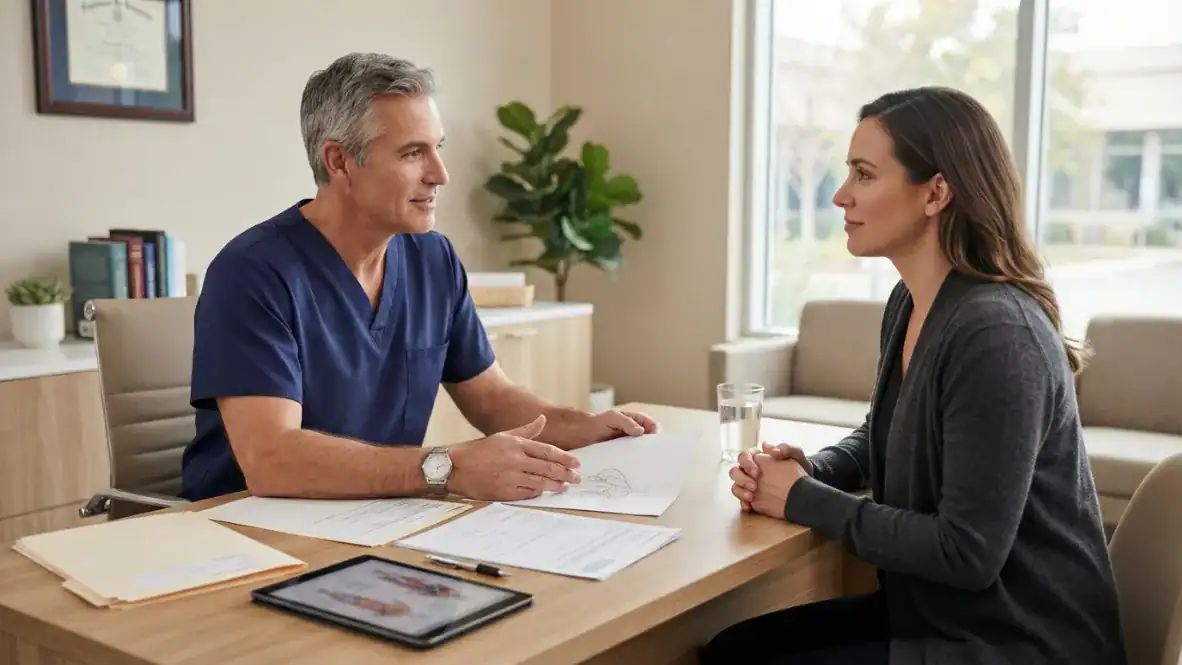 Paciente hablando con un cirujano durante una consulta preoperatoria