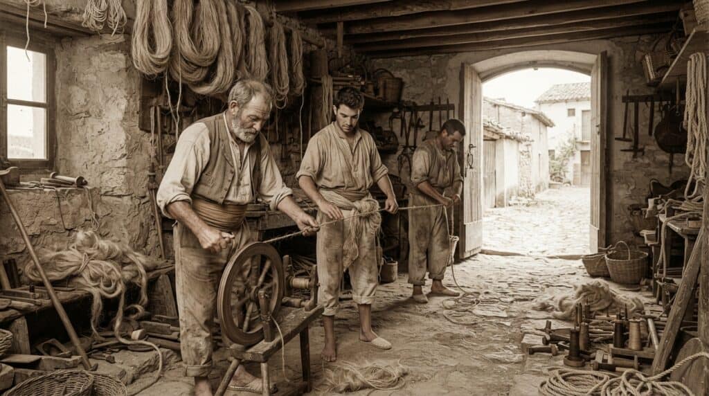 Artesanos trabajando fibra de cáñamo para elaborar cuerdas